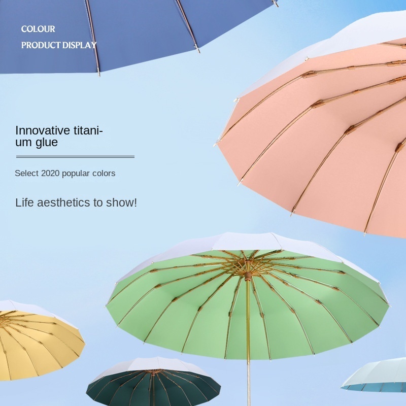 16 Bone Titanium Silver Glue and Rain Dual-purpose Sunshade Hand Open Folding Sunlight Three-fold umbrella