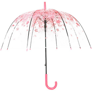 J Shape Long Handle Clear Rain Dome Cherry Flower Printing Straight Umbrellas Wedding Transparent Photography Umbrella