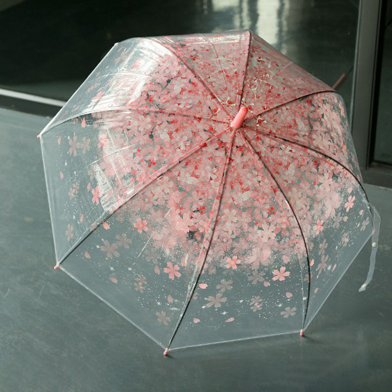 J Shape Long Handle Clear Rain Dome Cherry Flower Printing Straight Umbrellas Wedding Transparent Photography Umbrella