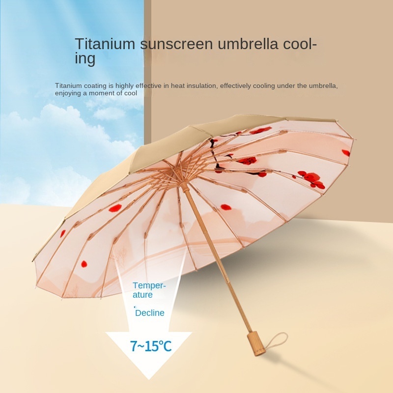 Tri-fold custom 16-bone titanium antique hand open Retro solid wood handle shade vinyl sunblock umbrella