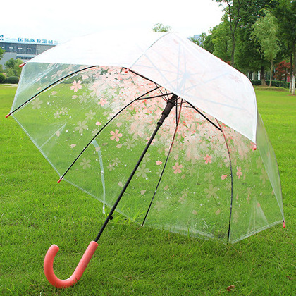 J Shape Long Handle Clear Rain Dome Cherry Flower Printing Straight Umbrellas Wedding Transparent Photography Umbrella