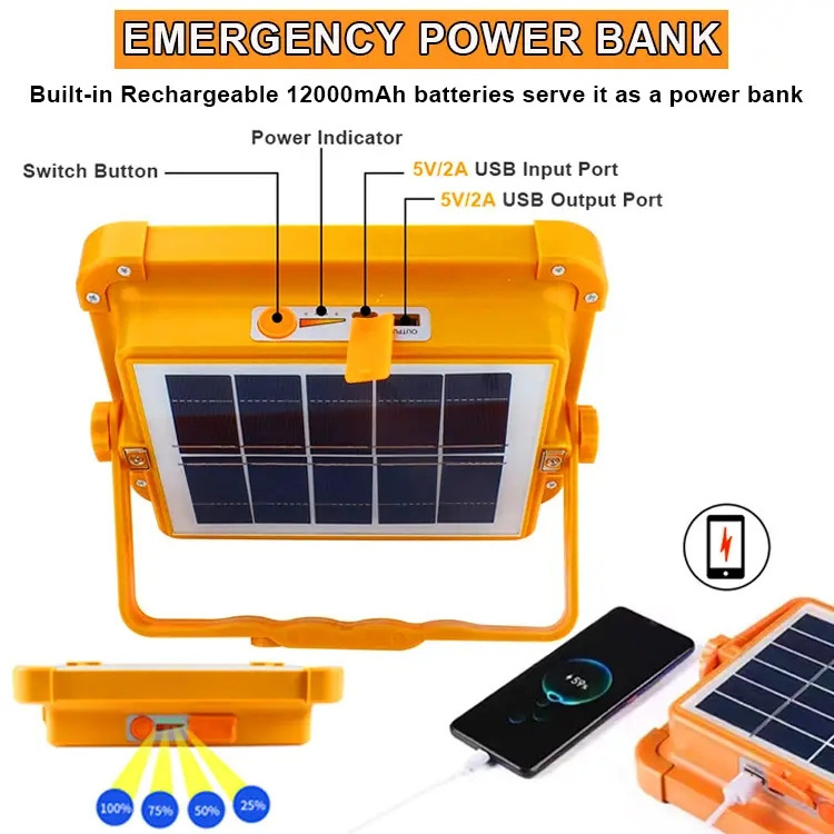 Camping LED Solar Light Outdoor 1000w 12000mAh Battery USB Rechargeable Waterproof Solar LED Flood Light