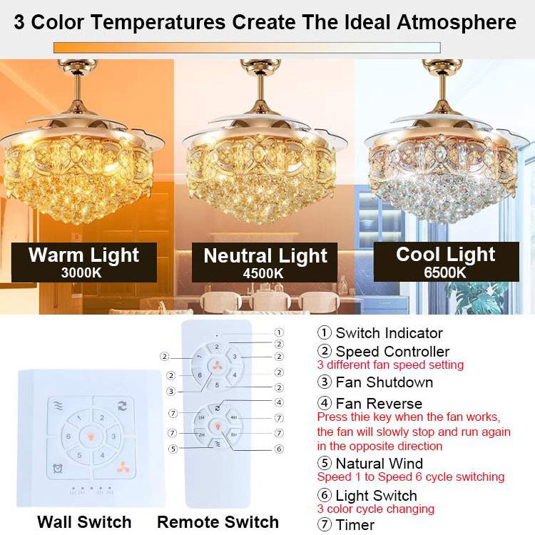 Luxury Indoor Golden LED Chandelier Light Remote Control Fancy Pendant Lamp Home Hotel Modern Crystal Ceiling Fan with LED Light