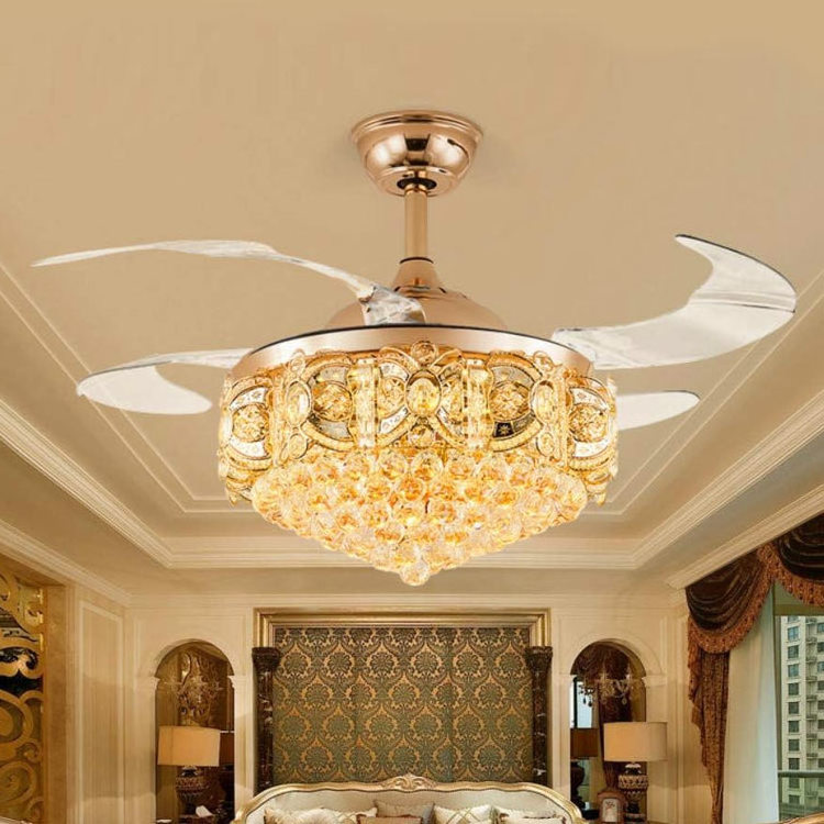 Luxury Indoor Golden LED Chandelier Light Remote Control Fancy Pendant Lamp Home Hotel Modern Crystal Ceiling Fan with LED Light