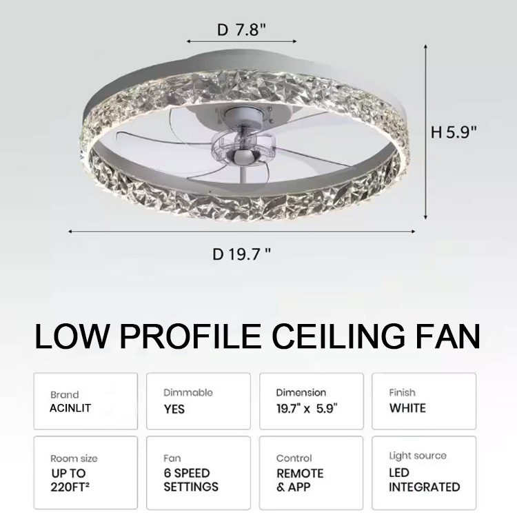 Modern Decorative Bedroom Ceiling Fan Light Fixtures Dimmable Low Profile Fandelier Bladeless Flush Mount Ceiling Fan with Light