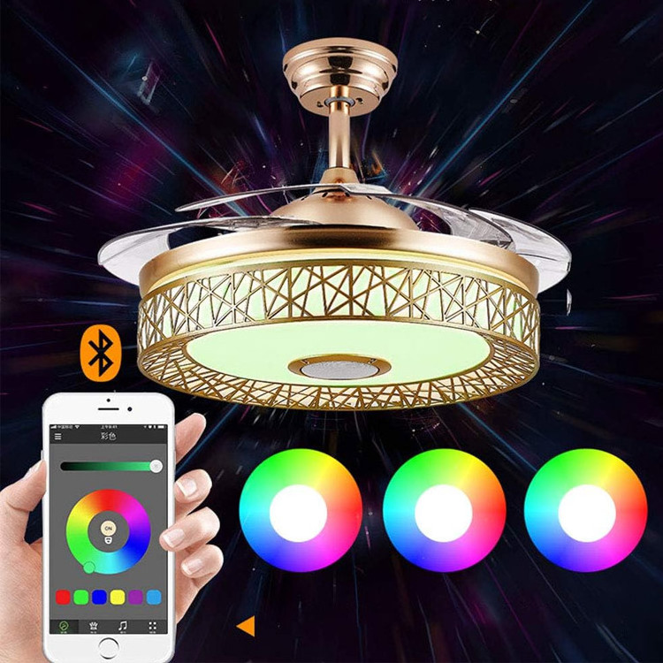 Indoor Bluetooth Music Modern Ceiling Fan Light Kit LED Chandelier Gold Retractable Ceiling Fans with Lights