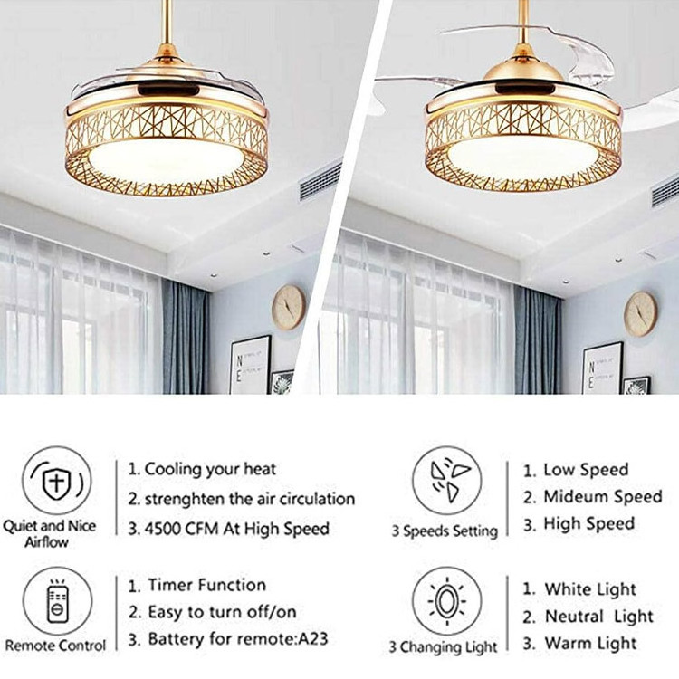 Indoor Bluetooth Music Modern Ceiling Fan Light Kit LED Chandelier Gold Retractable Ceiling Fans with Lights