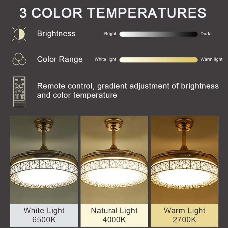 Indoor Bluetooth Music Modern Ceiling Fan Light Kit LED Chandelier Gold Retractable Ceiling Fans with Lights