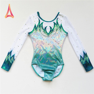 Shiny Silver Mint Ombre Gymnastics Competition Leotards Girls Long Sleeve Leotard