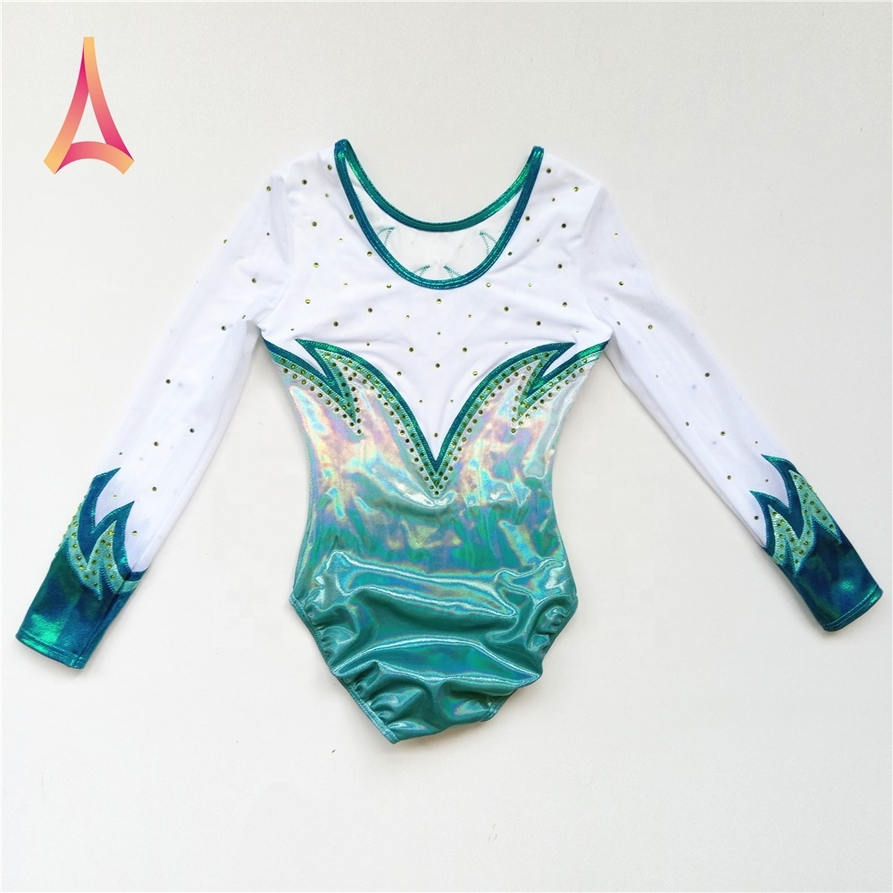 Shiny Silver Mint Ombre Gymnastics Competition Leotards Girls Long Sleeve Leotard