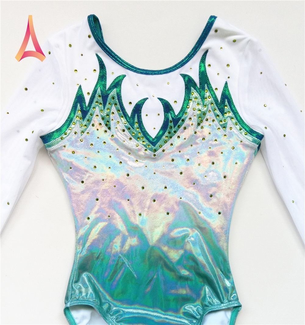 Shiny Silver Mint Ombre Gymnastics Competition Leotards Girls Long Sleeve Leotard