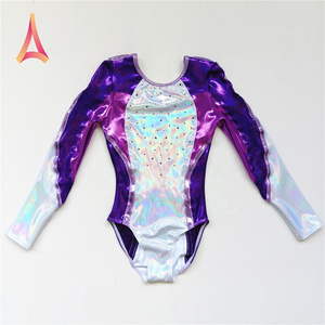 Color-block Silver Purple Shiny Girls Long Sleeve Gymnastics Leotards