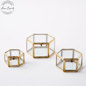 Manufacturer Handmade Set of 3 Hexagon Glass Jewelry Box with Gold Finished Brass Frame Used for Jewelry Display and and Storage