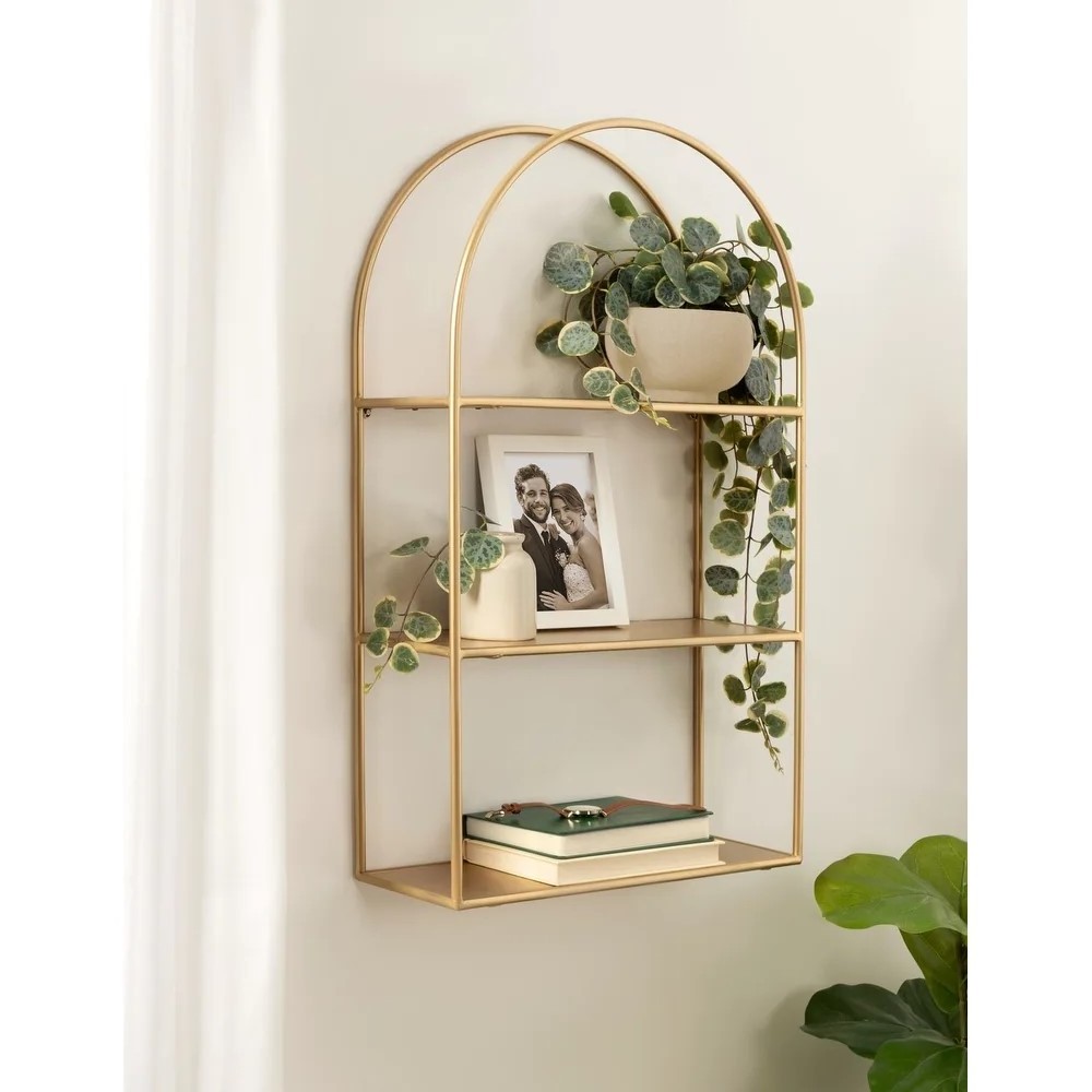 Low Price Handmade 3 Tier Tall Arched Iron Wall Shelf with Gold Plated Finished Used for Interior Decor Book Storage Display