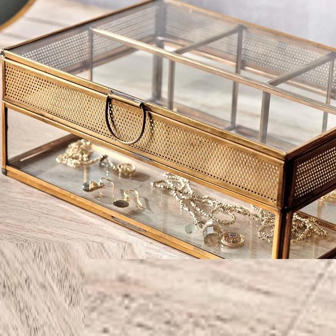 Indian Wholesale Large Rectangular 4 Compartments Clear Glass Jewelry Box with Antique Gold Metal Frame for Table Top Display