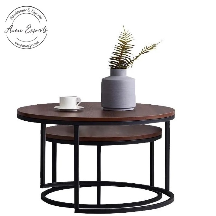 Manufacturer Wholesale New Design Iron Frame Round Nesting Coffee Table with Wooden Top for Living Room and Home Furnishings