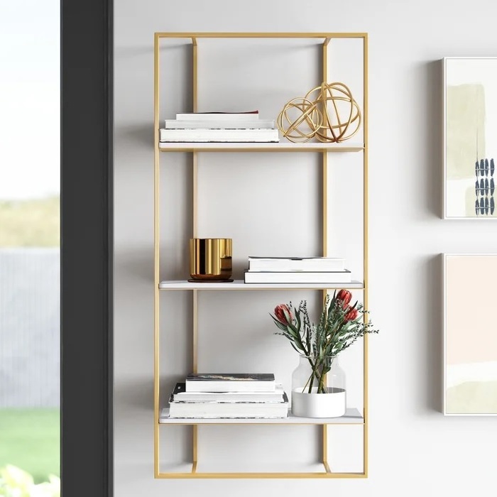 Indian Wholesale Tall Accent Gold Finished  Iron Wall Shelf with White Wooden Slabs Used for Home Office Books Bonsai Organizer.