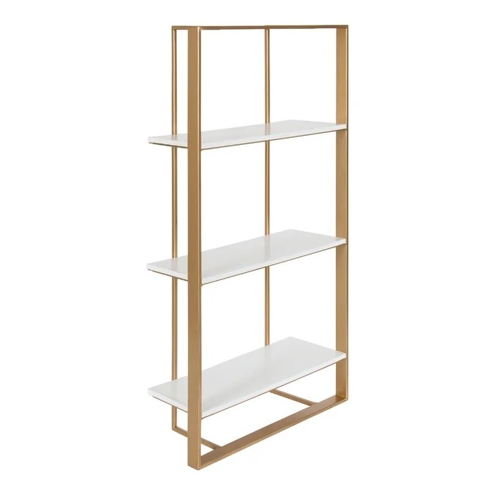 Indian Wholesale Tall Accent Gold Finished  Iron Wall Shelf with White Wooden Slabs Used for Home Office Books Bonsai Organizer.