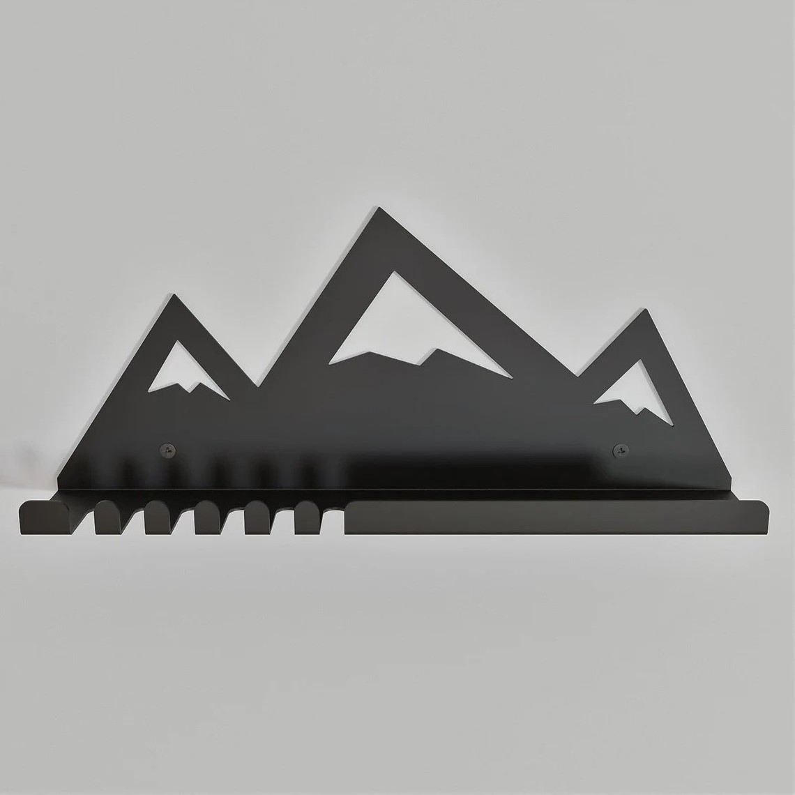 Wall Mounted Decorative Mountain Shape Black Finished Entryway Organizer Shelf with Hooks Used for Mail and Key Holder Entryway