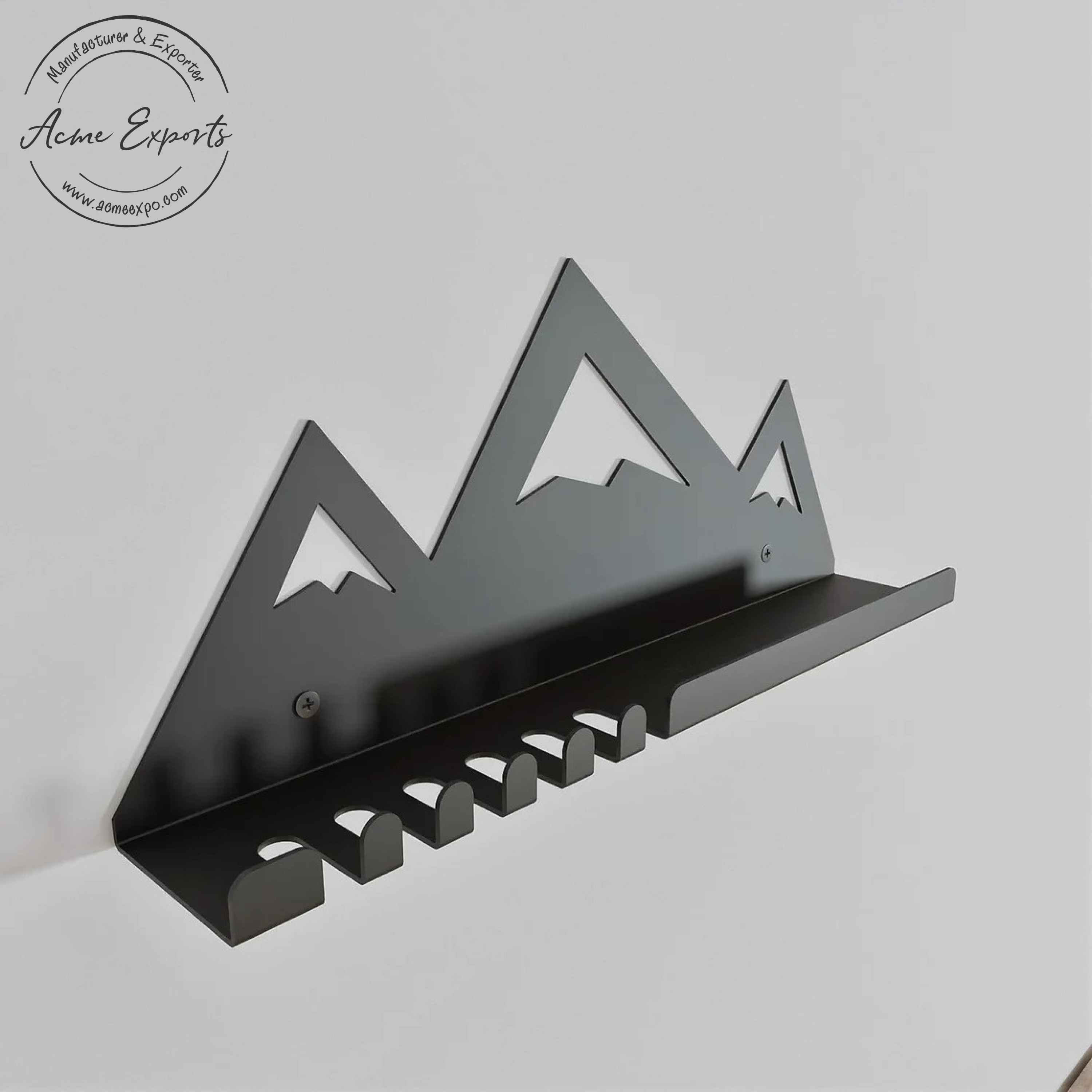 Wall Mounted Decorative Mountain Shape Black Finished Entryway Organizer Shelf with Hooks Used for Mail and Key Holder Entryway