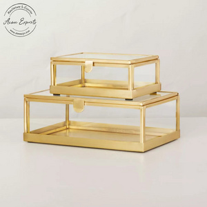 Indian Wholesale Set of 2 Rectangular Clear Glass Trinket Box with Brushed Gold Brass Frame for organizing and Display Jewelry