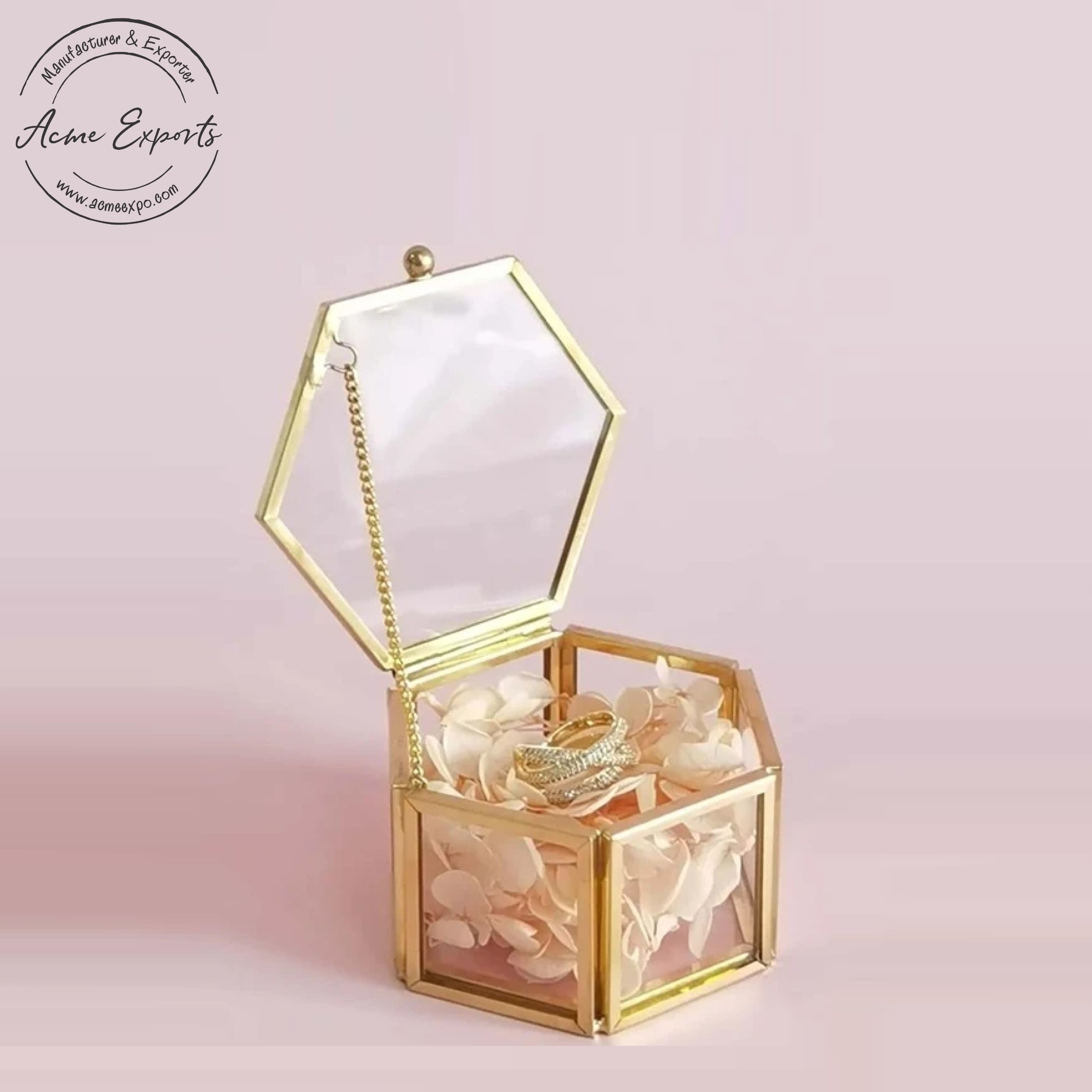 Indian Wholesale Large Polygon Clear Glass Jewelry Box with Gold Finished Metal Frame for Organizer Box Glass Keepsake Gift Box