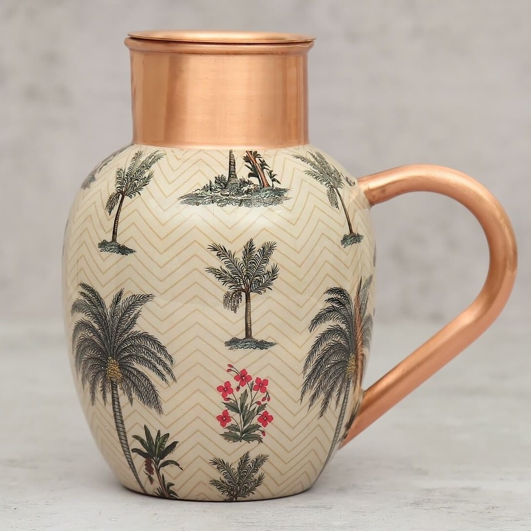 Multipurpose Handcrafted Copper Jug & Flask Set with Palm Tree Dessert Enameled Printed Used for Home and kitchen Drinkware.