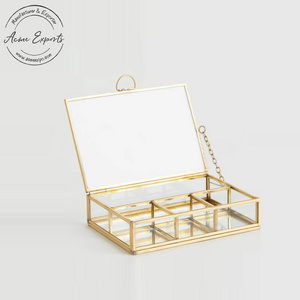 Indian Wholesale Large Rectangular 6 Compartments Clear Glass Jewelry Box with Gold Finished Metal Frame for Earring Necklace