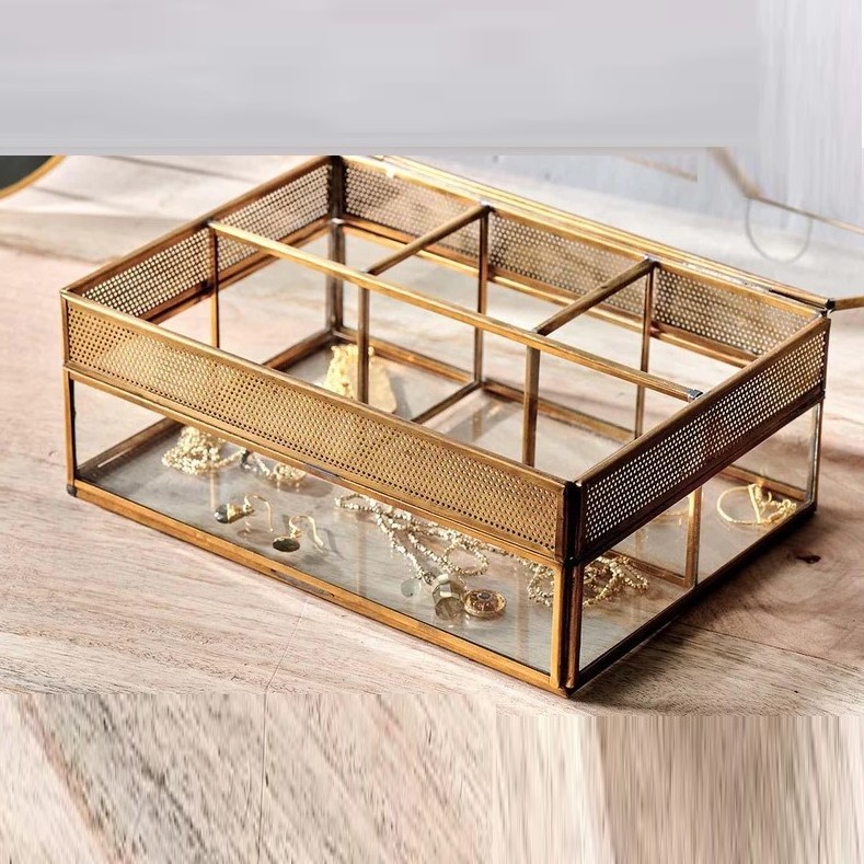 Indian Wholesale Large Rectangular 4 Compartments Clear Glass Jewelry Box with Antique Gold Metal Frame for Table Top Display