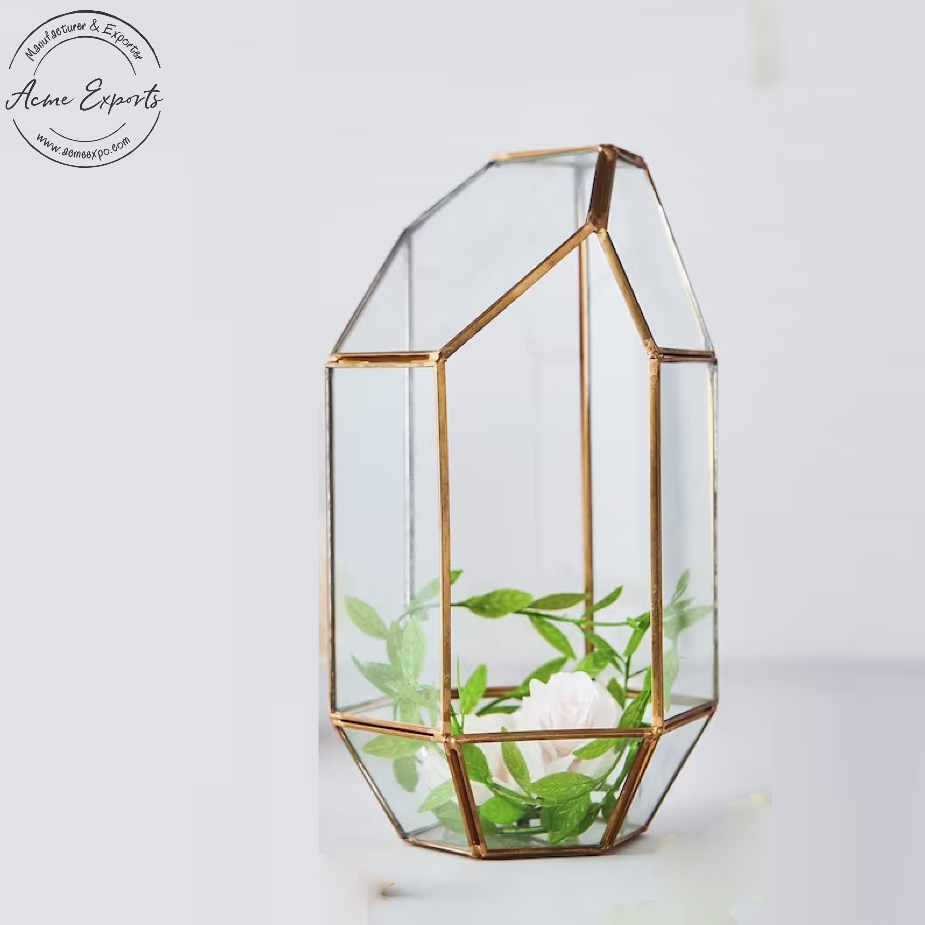 Best Price Tall Irregular Gold Glass Succulent Hanging Terrarium Planter with Iron Frame for Home Garden Office Decoration.