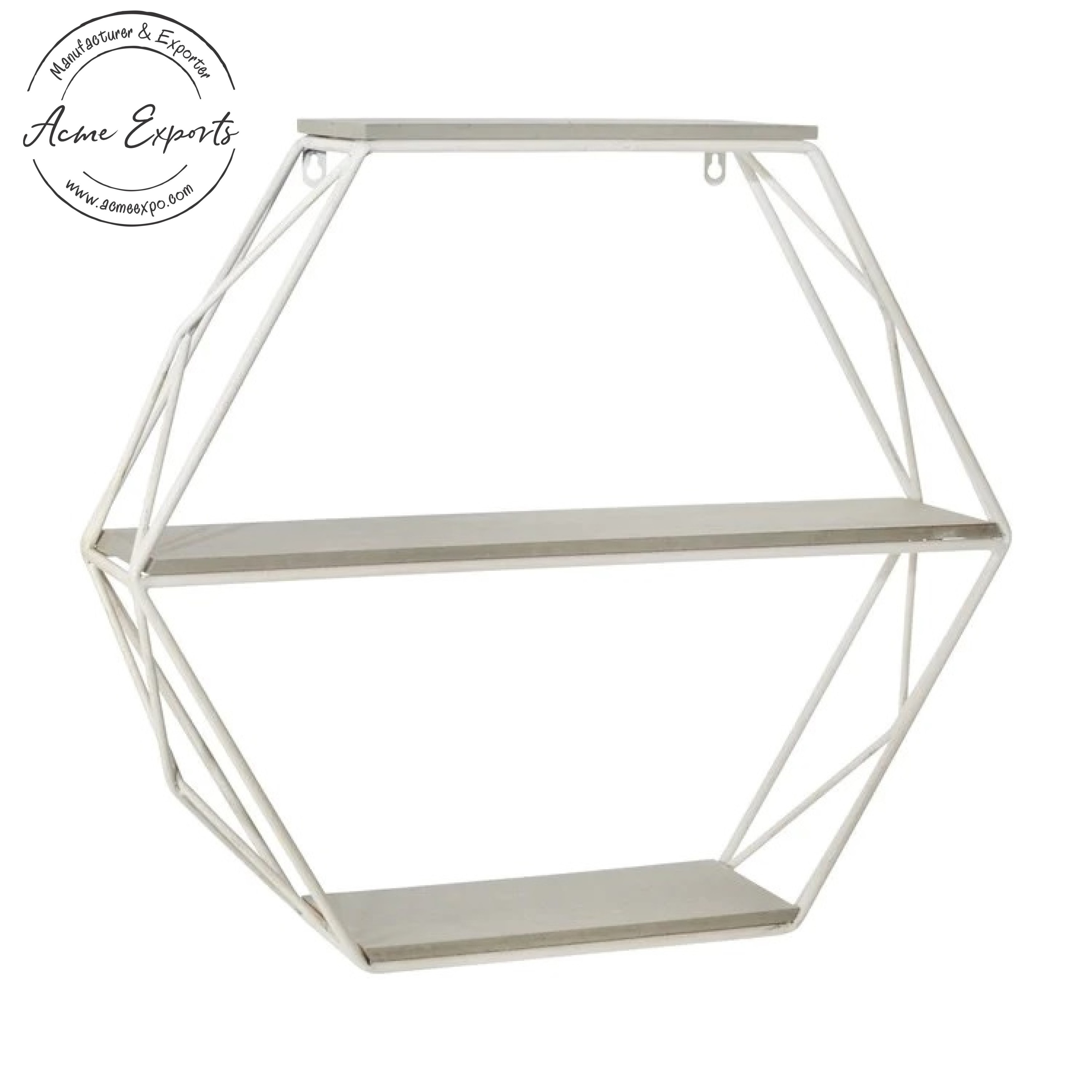 Low Price Handmade Large White Powder Coated Finished Hexagon Iron Wall Shelve with Wooden Slabs Used for Interior Decoration.