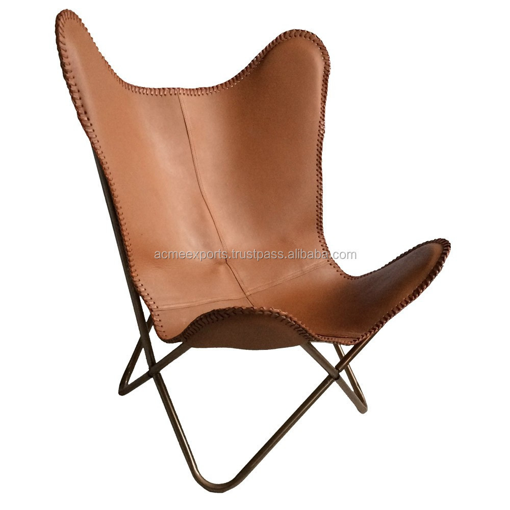 Metal Butterfly Chair for Outdoor Garden With folding Frame Iron Chair With Brown Original Leather