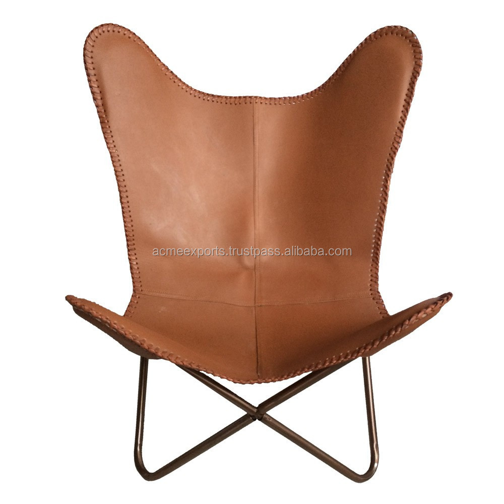 Metal Butterfly Chair for Outdoor Garden With folding Frame Iron Chair With Brown Original Leather