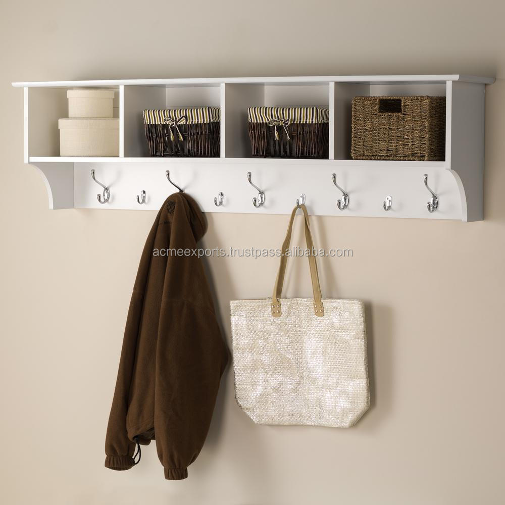 Wooden shelves White Wall Mounted With Coat Hooks With High Quality Finish