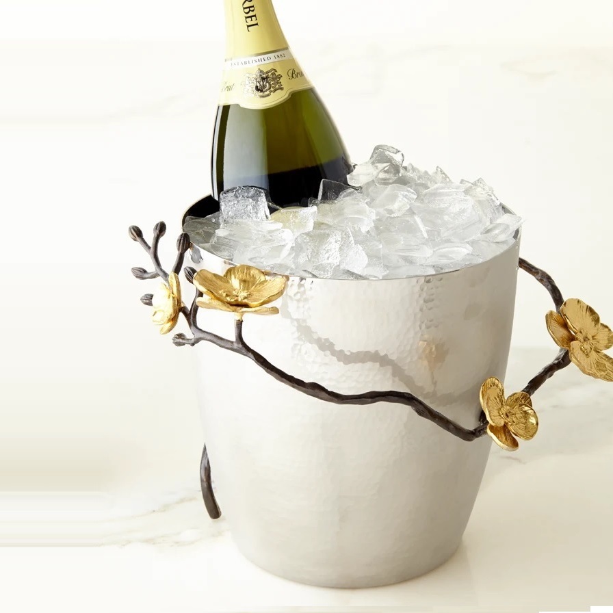 Best Quality Cylindrical Aluminum Champagne Ice Bucket with Black & Gold Branch & Wooden Handles for Wine Storage and Chilling