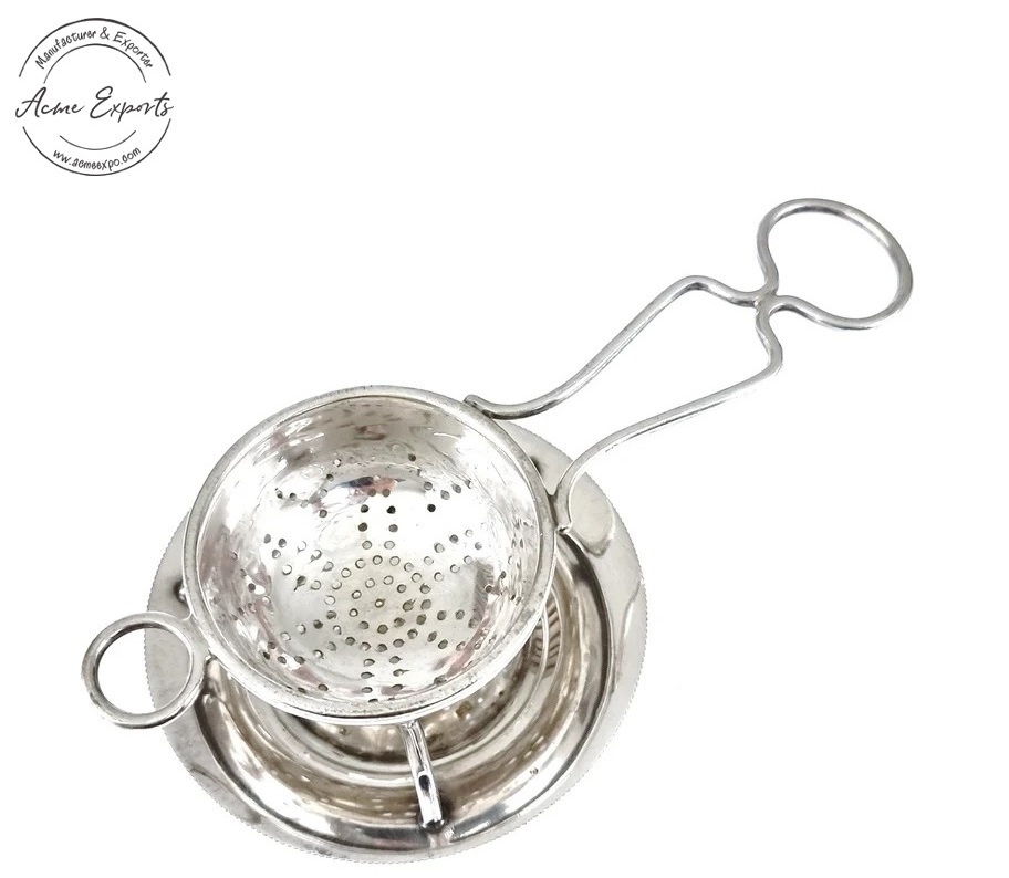 Indian Wholesale Handcrafted  Metal Tea Strainer with Drip Stand for Teapot Loose Tea Leaf Kitchen Tea