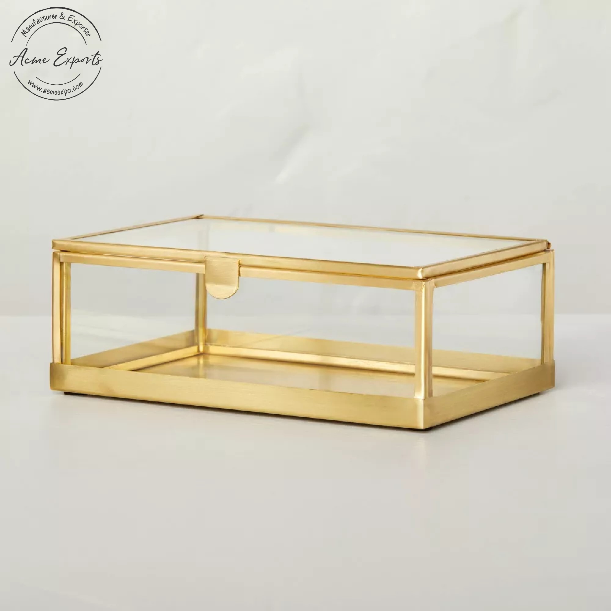 Indian Wholesale Set of 2 Rectangular Clear Glass Trinket Box with Brushed Gold Brass Frame for organizing and Display Jewelry