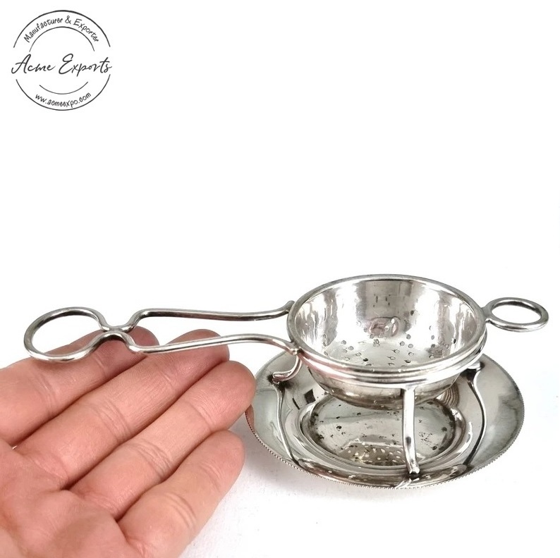 Indian Wholesale Handcrafted  Metal Tea Strainer with Drip Stand for Teapot Loose Tea Leaf Kitchen Tea