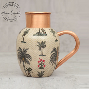 Multipurpose Handcrafted Copper Jug & Flask Set with Palm Tree Dessert Enameled Printed Used for Home and kitchen Drinkware.