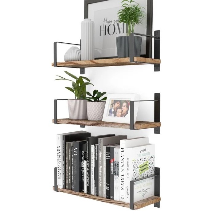 Low Price Handcrafted 3 Tier Wall Rack with Rustic Wooden Slabs Used for Decorative items Books & Plant Display Decor.