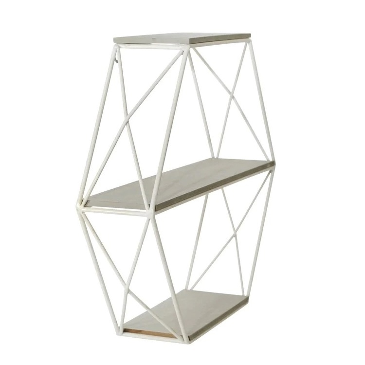 Low Price Handmade Large White Powder Coated Finished Hexagon Iron Wall Shelve with Wooden Slabs Used for Interior Decoration.