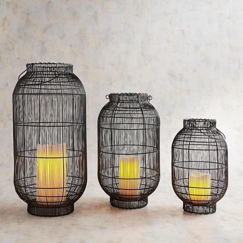 Black Set of 3 Pieces Decorative Hurricane wire lantern for candle