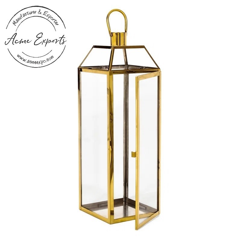 Best Quality Handcrafted Tall Stainless Steel Hurricane Lantern with Gold Finished Used for Indoor Lightning Candle Decor