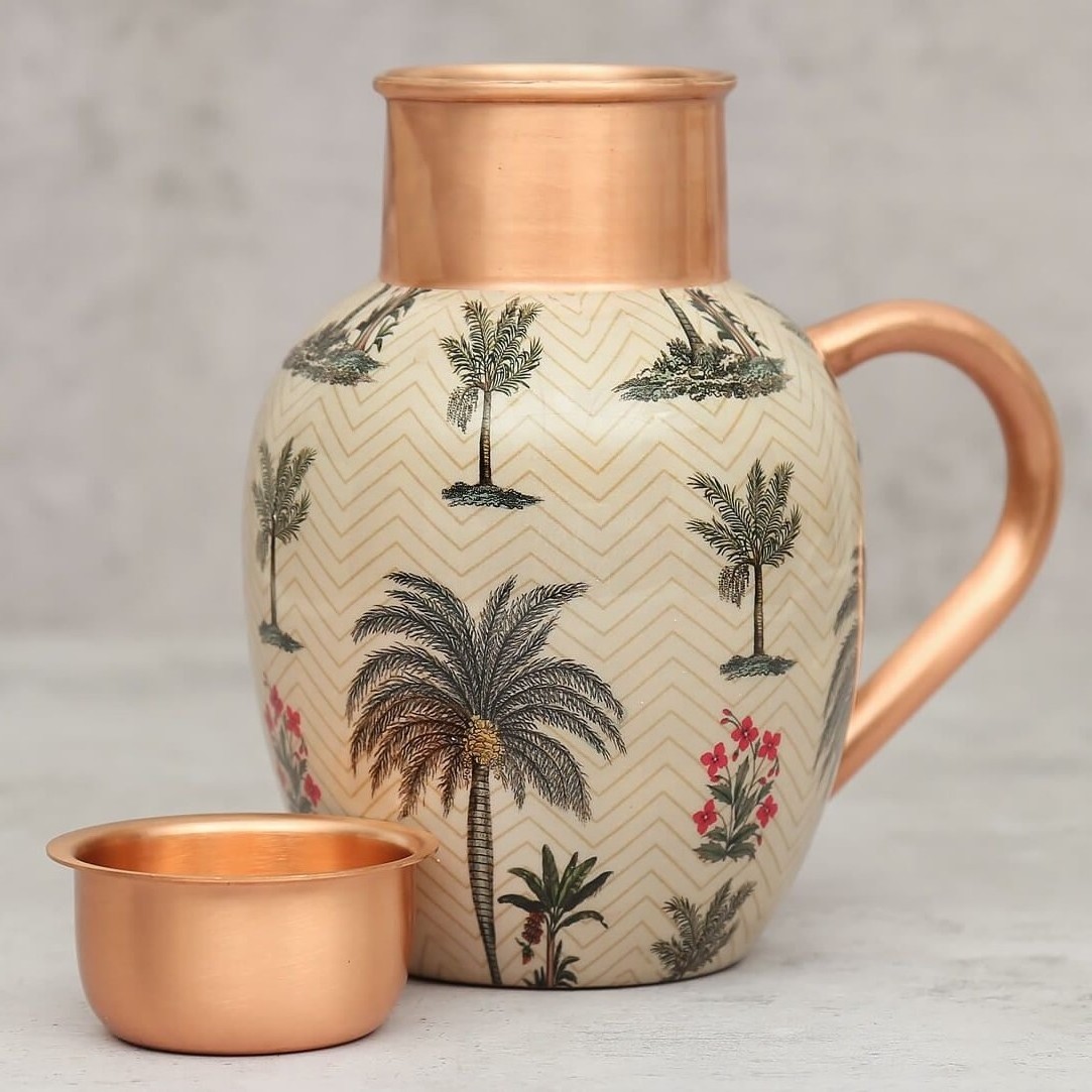 Multipurpose Handcrafted Copper Jug & Flask Set with Palm Tree Dessert Enameled Printed Used for Home and kitchen Drinkware.