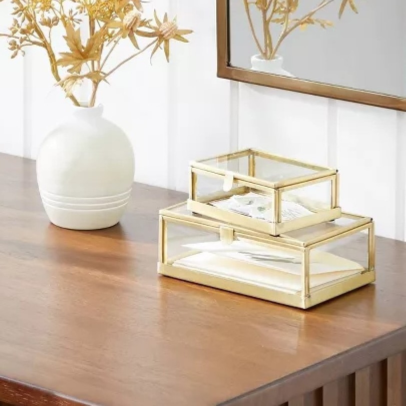 Indian Wholesale Set of 2 Rectangular Clear Glass Trinket Box with Brushed Gold Brass Frame for organizing and Display Jewelry