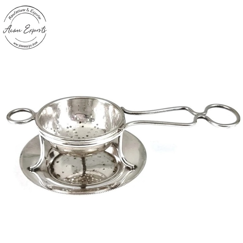 Indian Wholesale Handcrafted  Metal Tea Strainer with Drip Stand for Teapot Loose Tea Leaf Kitchen Tea