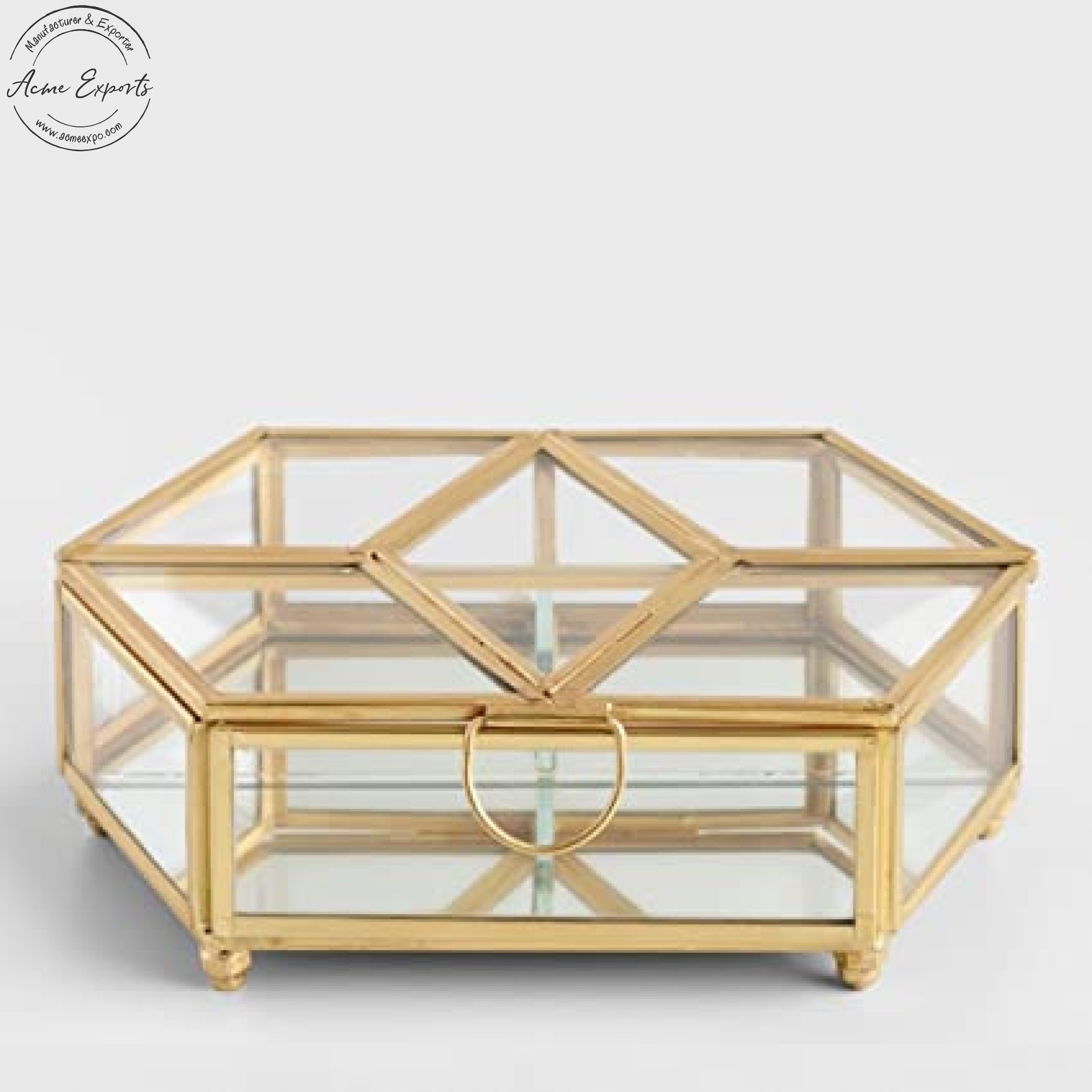 Indian Wholesale Large Polygon Clear Glass Jewelry Box with Gold Finished Metal Frame for Organizer Box Glass Keepsake Gift Box