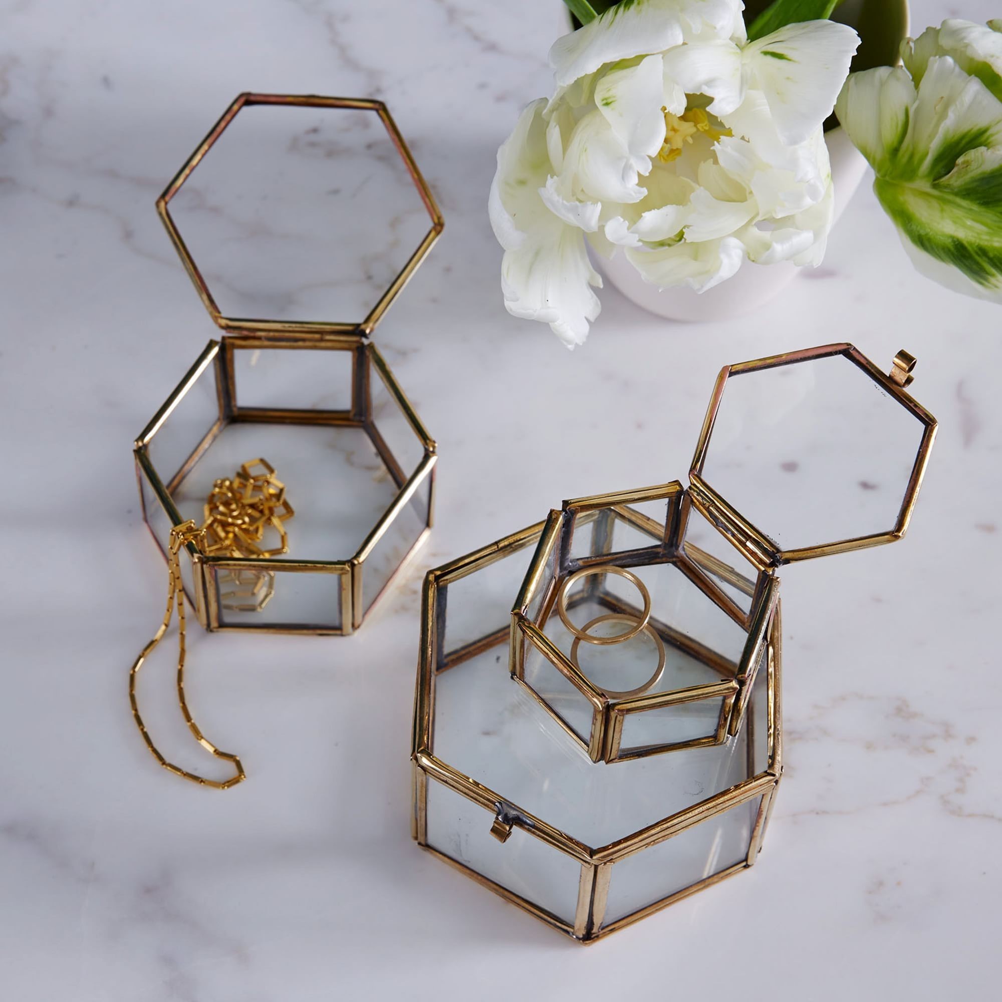 Manufacturer Handmade Set of 3 Hexagon Glass Jewelry Box with Gold Finished Brass Frame Used for Jewelry Display and and Storage