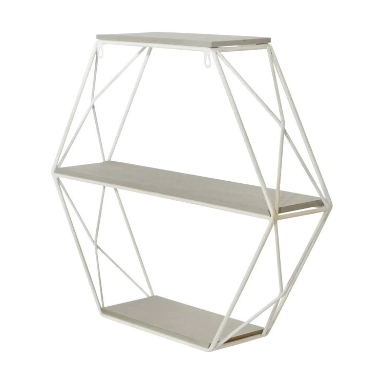 Low Price Handmade Large White Powder Coated Finished Hexagon Iron Wall Shelve with Wooden Slabs Used for Interior Decoration.