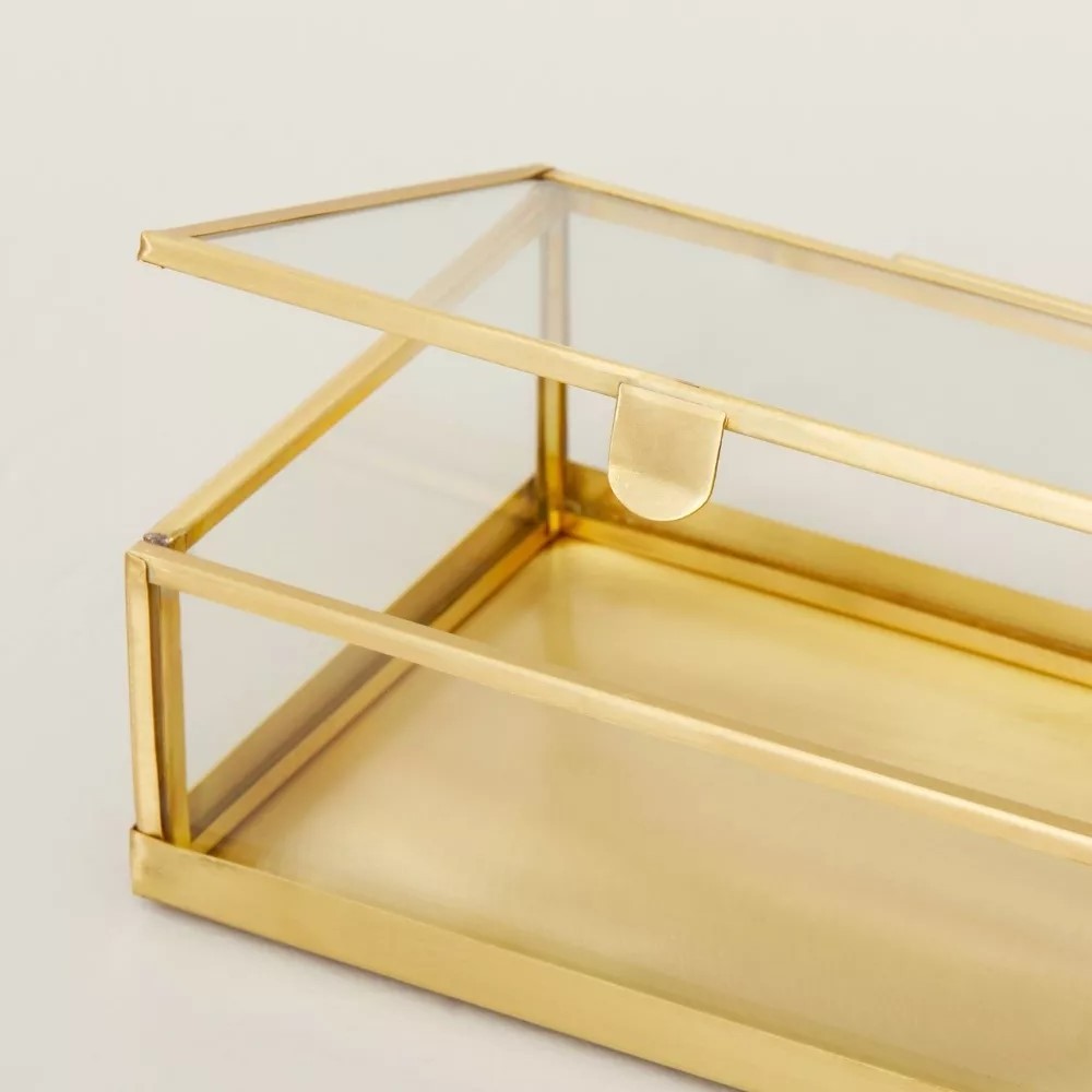 Indian Wholesale Set of 2 Rectangular Clear Glass Trinket Box with Brushed Gold Brass Frame for organizing and Display Jewelry